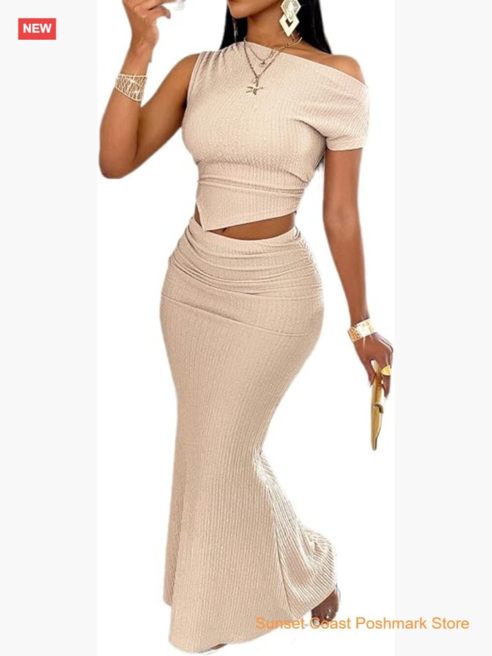 One Shoulder Two Piece Skirt Set Bodycon Maxi Skirt Vacation Outfits